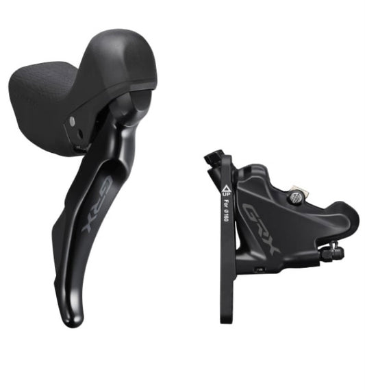 Shimano ST-RX400 GRX 10-speed STI bled with BR-RX400 flat mount calliper, right front